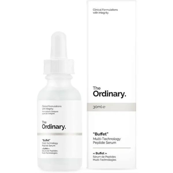 The Ordinary Buffet Multi-Technology Peptide Serum 30ml, showing the front of the carton and bottle