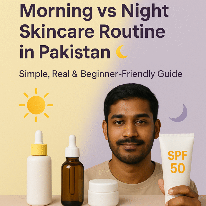 Visual for Morning vs Night Skincare Routine in Pakistan featuring SPF and serum bottles