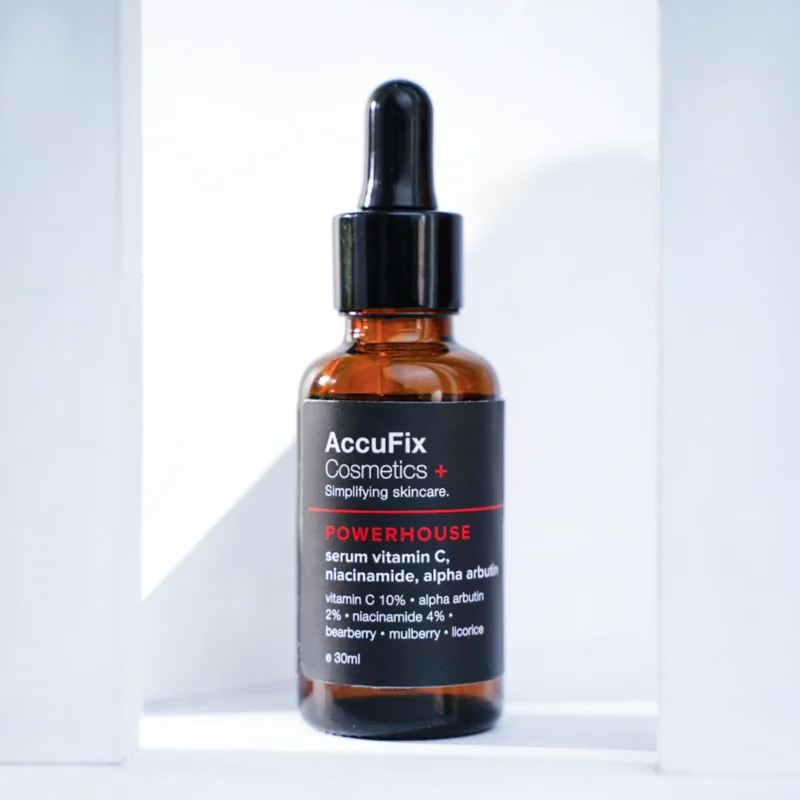 Accufix Powerhouse Serum bottle with Alpha Arbutin, Vitamin C, and Niacinamide for pigmentation and acne marks