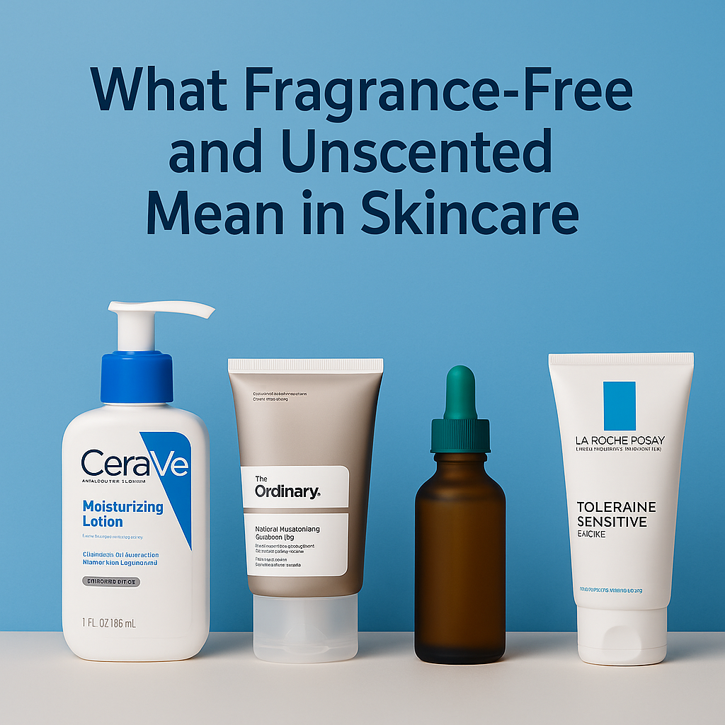 Fragrance-free vs unscented skincare visual with top products