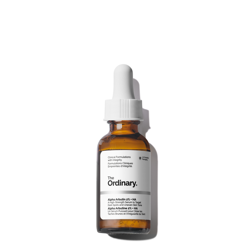 The Ordinary Alpha Arbutin 2% + HA serum bottle used for pigmentation and dark spots